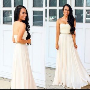 Cream strapless formal maxi gown